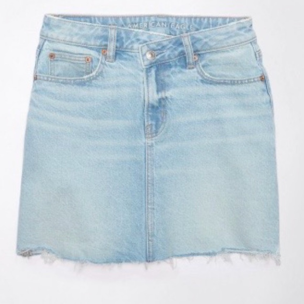 AE Stretch Crossover High-Waisted Perfect Denim Mini Skirt, Light Wash, Size: 14 - Picture 2 of 11